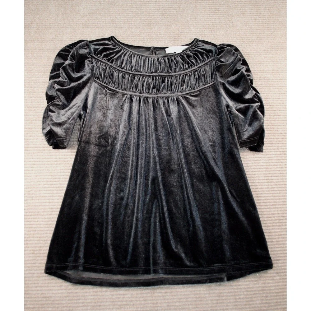 NWT LOFT Black Velvet Ruched Yoke Summer Goth Puff Sleeve Blouse XS